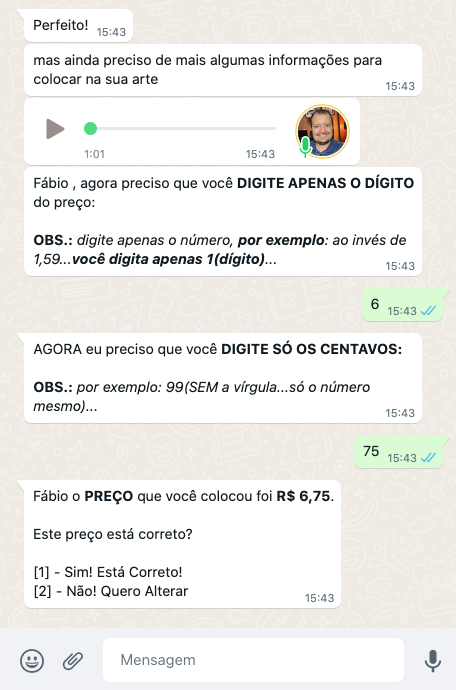 Informando seus preços no sistema de artes no Whatsapp